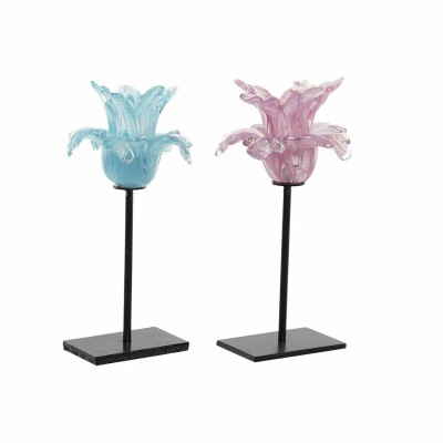 Candleholder DKD Home Decor Blue Pink Metal Crystal 12 x 12 x 24 cm (2 Units)