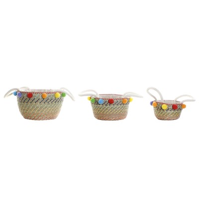 Basket set DKD Home Decor Polyester Pompoms (57 x 45 x 42,5 cm)