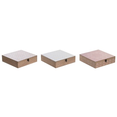 Box for Infusions DKD Home Decor Crystal Pink Metal White 24 x 24 x 7 cm 3 Pieces MDF Wood