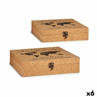 Set of decorative boxes World Map Brown Cork MDF Wood (6 Units)