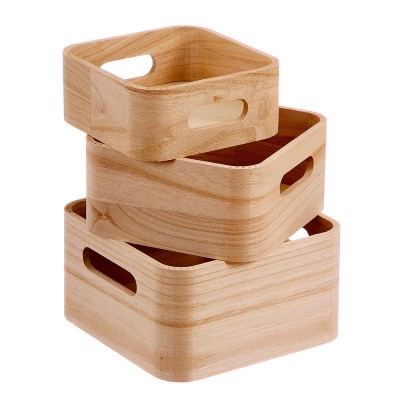 Jeu de Caisses de Rangement Empilables Caison Naturel Bois 18,5 x 18,5 x 10 cm 3 Pièces