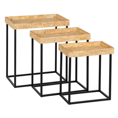 Set of 3 tables Black Natural Iron MDF Wood 57,5 x 37,5 x 67,5 cm (3 Units)