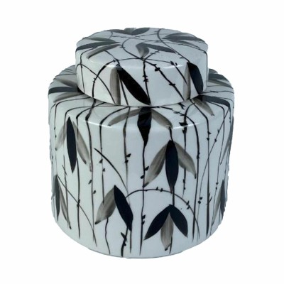 Potiche DKD Home Decor Porcelaine Noir Blanc 17 x 17 x 16 cm Oriental Feuille d'une plante