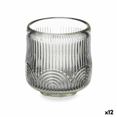 Candleholder Stripes Grey Crystal 7,5 x 7,8 x 7,5 cm (12 Units)