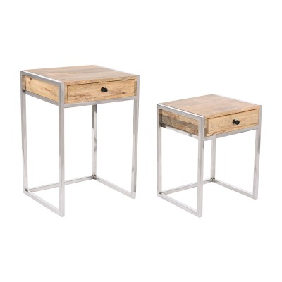 Jeu de 2 tables Home ESPRIT Marron Argenté Naturel Acier Bois de manguier 45,5 x 41 x 66,5 cm