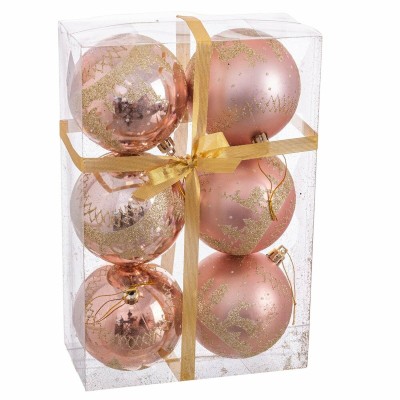 Boules de Noël Rose Plastique Cerf 8 x 8 x 8 cm (6 Unités)