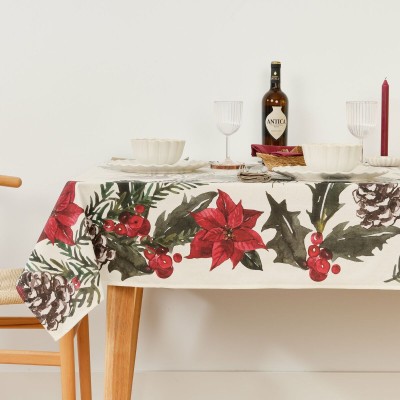 Nappe enduite antitache Belum Christmas Flowers Blanc Marron Rouge Vert 250 x 150 cm