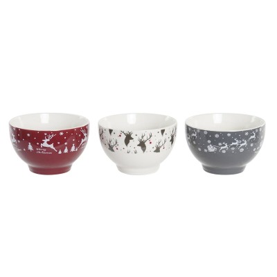 Set de Bols DKD Home Decor Blanc Rouge Gris Porcelaine 500 ml 13 x 13 x 8 cm (3 Unités)
