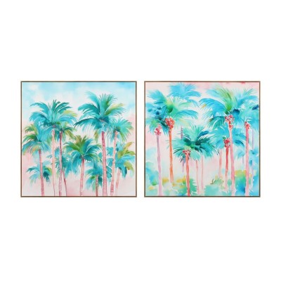 Painting Home ESPRIT Blue Red Green Sky blue Palms Tropical 80 x 3,5 x 80 cm (2 Units)