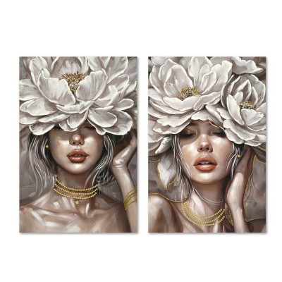 Painting Home ESPRIT White Beige Flowers Romantic 60 x 3 x 90 cm (2 Units)