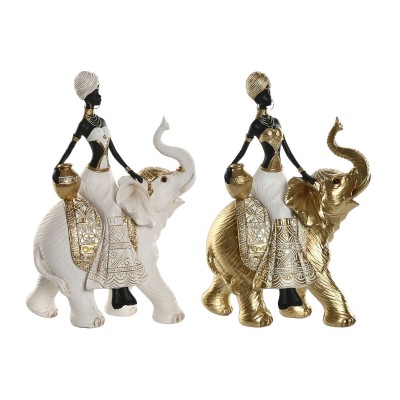 Decorative Figure Home ESPRIT White Black Golden Elephant African Woman 21 x 11 x 32 cm (2 Units)