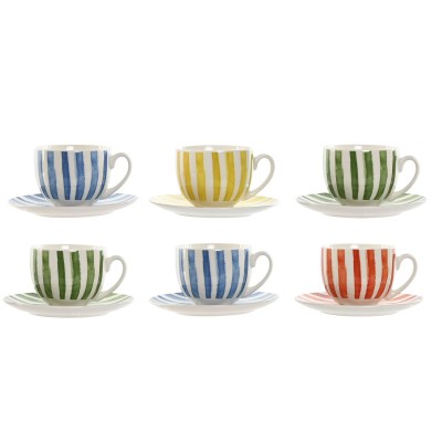 Set of 6 Cups with Plate Home ESPRIT Yellow Blue Green Coral Porcelain 240 ml