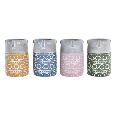 Planter DKD Home Decor Face Blue Pink Cement Green Yellow (12 x 12 x 18 cm) (4 Units)