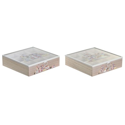 Boîte pour infusions DKD Home Decor Verre Métal Multicouleur Bois MDF (24,5 x 24,5 x 6 cm) (2 Unités)