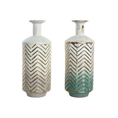 Vase DKD Home Decor Beige Doré Métal Turquoise Blanc méditerranéen (16 x 16 x 41 cm) (2 Unités)