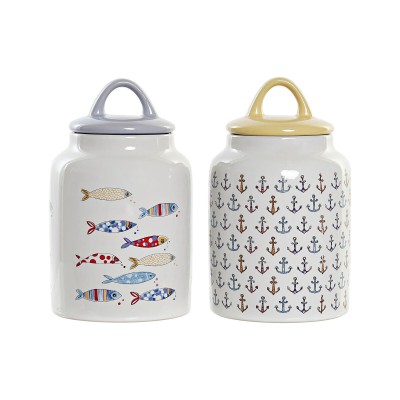 Tin DKD Home Decor White Multicolour Stoneware Mediterranean (2 Units)