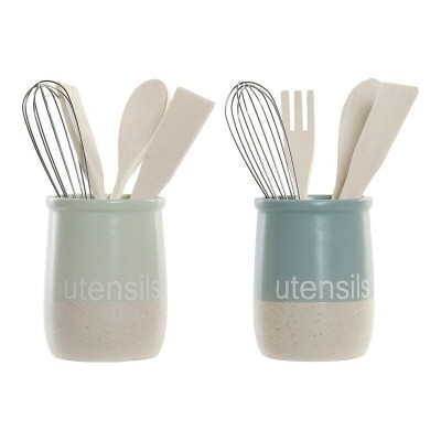Pot for Kitchen Utensils DKD Home Decor Rubber wood Stoneware (2 pcs)
