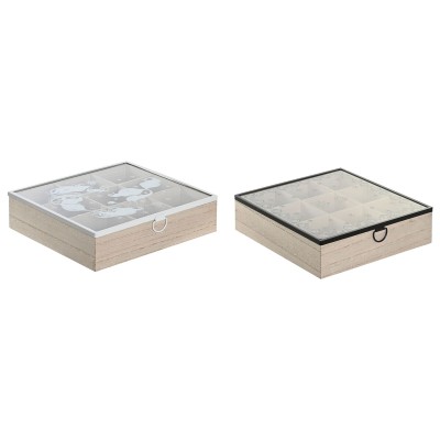 Boîte pour infusions DKD Home Decor Bleu Blanc Noir Naturel Métal Verre Bois MDF 24 x 24 x 6,5 cm (2 Unités)