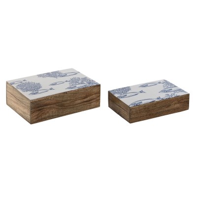 Jewelry box Home ESPRIT Blue White Natural Mango wood 25 x 17,5 x 8 cm (2 Units)