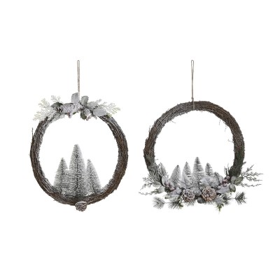 Couronne de Noël DKD Home Decor Naturel osier Ananas Enneigé 46 x 7 x 46 cm (2 Unités)