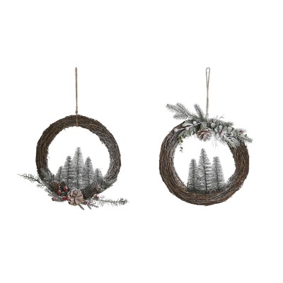 Couronne de Noël DKD Home Decor Naturel osier Ananas Enneigé 32 x 7 x 32 cm (2 Unités)