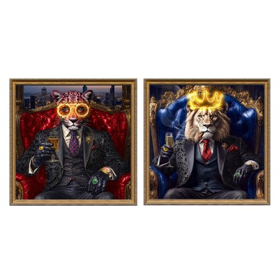 Cadre Home ESPRIT Bleu Noir Léopard Lion Loft 100 x 4 x 100 cm (2 Unités)
