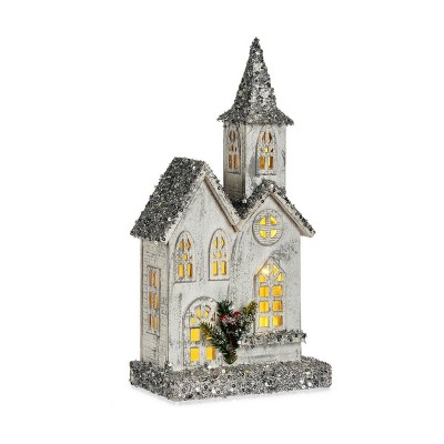 Figurine Décorative Noël Paillettes Lumière LED Maison 22 x 45 x 11 cm Gris Bois Blanc