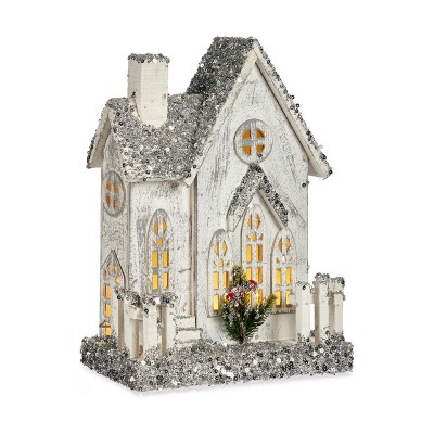 Figurine Décorative Noël Paillettes Lumière LED Maison 24,5 x 32 x 12 cm Gris Bois Blanc