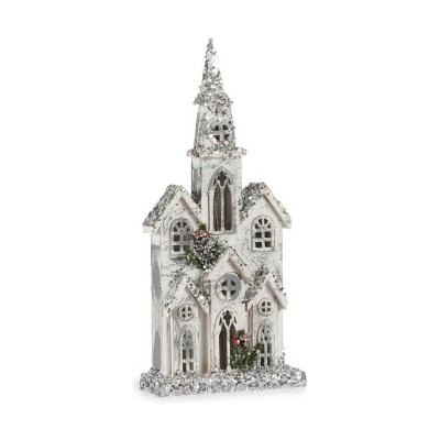 Figurine Décorative Noël Paillettes Lumière LED Maison 25,5 x 56,5 x 9,5 cm Gris Bois Blanc