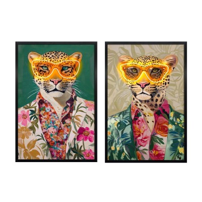 Painting Home ESPRIT Green Beige Pink Flowers Leopard Modern 63 x 3 x 93 cm (2 Units)