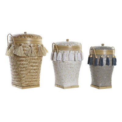 Set of decorative boxes DKD Home Decor White Grey Natural Bamboo Fringe Boho (3 Pieces)
