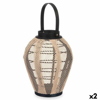 Lantern Gift Decor D23029S Black Beige Wood Cloth Glass Lantern 25 x 30 x 25 cm With handle (2 Units)