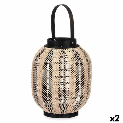 Lantern Gift Decor D23026S Black Beige Wood Cloth Glass Lantern 27 x 32 x 27 cm With handle (2 Units)