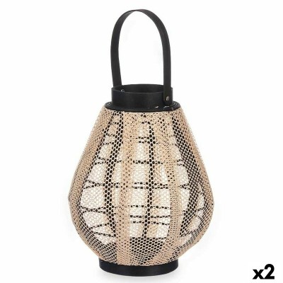 Lanterne Gift Decor D23028S Noir Beige Bois Tissu verre Lanterne 25 x 30 x 25 cm Avec poignée (2 Unités)