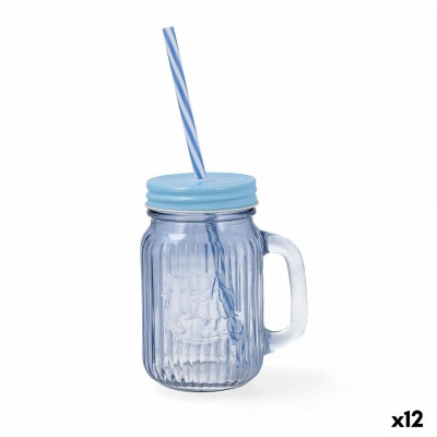 Jar with Lid and Straw Quid Maison Blue Glass 450 ml (12 Units)
