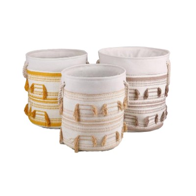 Set de basket DKD Home Decor Beige Moutarde Frange Boho 43 x 43 x 45 cm 3 Pièces