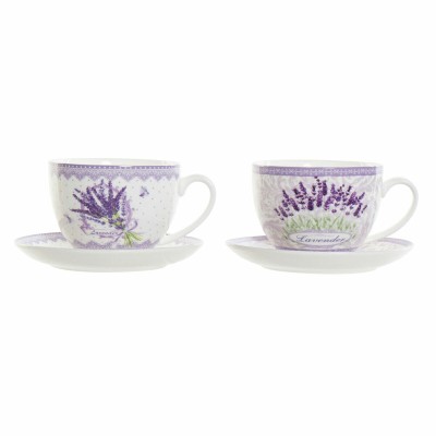 Tasse avec sous-tasse DKD Home Decor Blanc Vert Lila Porcelaine 220 ml (2 Unités)