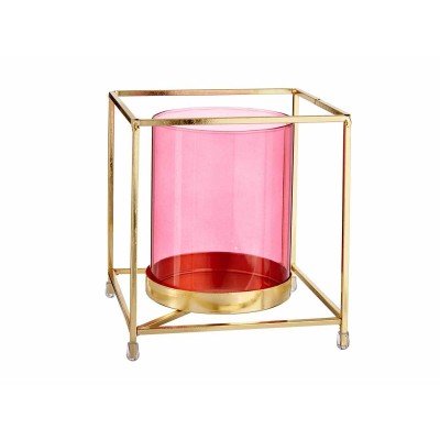 Candleholder Gift Decor SW120662A Pink Golden Metal Glass 14 x 15,5 x 14 cm Squared