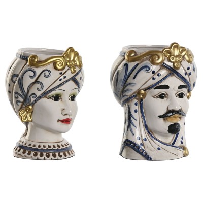 Planter Home ESPRIT Blue White Golden Porcelain 15 x 15 x 26 cm (2 Units)