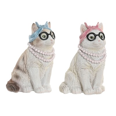 Figurine Décorative Home ESPRIT Bleu Blanc Rose Chat 13,5 X 13 X 19,5 CM (2 Unités)