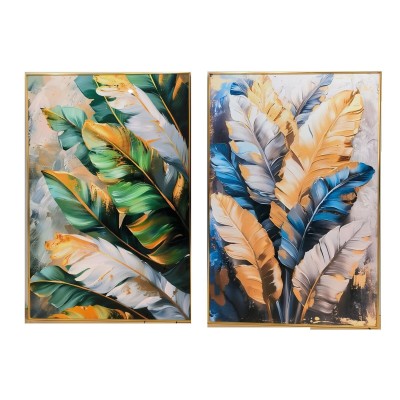Cadre Home ESPRIT Jaune Bleu Blanc Vert Doré Tropical 80 x 3,5 x 120 cm (2 Unités)