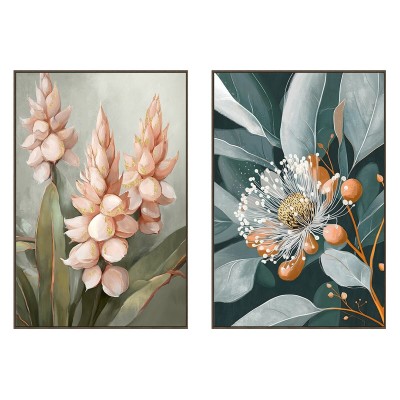 Painting Home ESPRIT Green Orange Pink Dark grey Flower Shabby Chic (2 Units)