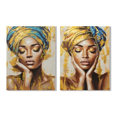 Canvas Home ESPRIT Turquoise Golden Colonial African Woman 90 x 3 x 120 cm (2 Units)
