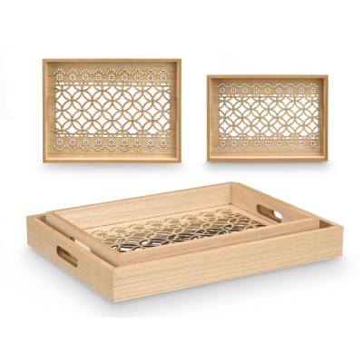 Set of trays Gift Decor Brown Transparent Wood Glass Circle 2 Pieces