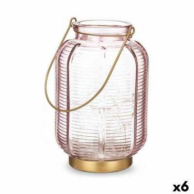 LED Lantern Gift Decor Pink Golden Glass Stripes 13,5 x 22 x 13,5 cm (6 Units)