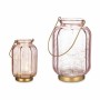LED Lantern Gift Decor Pink Golden Glass Stripes 13,5 x 22 x 13,5 cm (6 Units)