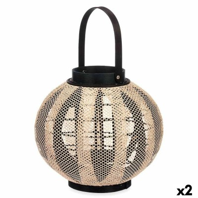 Lantern Gift Decor Black Beige Wood Cloth Glass Lantern 30 x 30 x 30 cm With handle (2 Units)