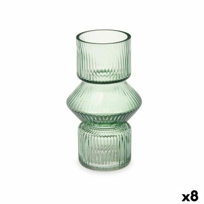 Vase Gift Decor Vert Verre Rayures 9,5 x 16,5 x 9,5 cm 10,5 x 17,5 x 10,5 cm (8 Unités)