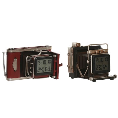 Table clock Home ESPRIT Black Maroon Camera Vintage (2 Units)