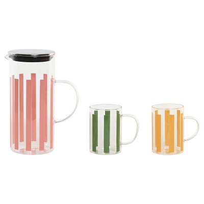 Set de pichets avec verres Home ESPRIT Jaune Vert Corail Acier inoxydable Verre Rayures Moderne